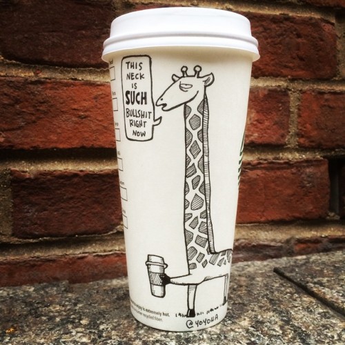pmhl:  tastefullyoffensive:  Cartoonist Josh Hara Draws on His Coffee Cup(s) Every Morning [more]Previously: How to Get 10% Off Your Order at Not a Burger Stand   therealslimhussie