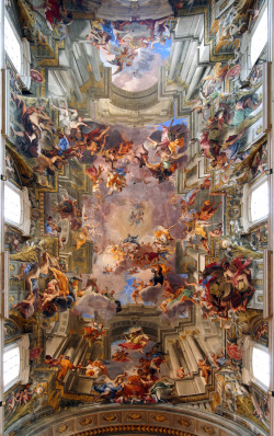 lu-art:  The Glory of San Ignacio / La Gloria de San Ignacio,   1685-1694,   Andrea Pozzo.     The ceiling is completely flat, including the dome on the left.                          The photograph is taken from floor level in the centre