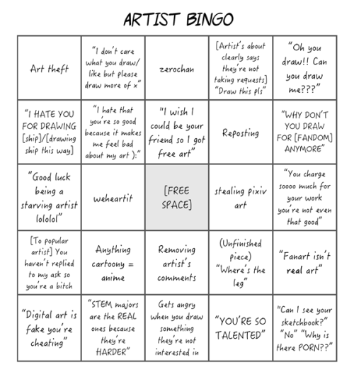 darcsowers:  nikilah-art:  I saw two more reposts and decided it was time Artist Bingo for the many ways artists get screwed over  I can get BINGO four ways on this card…