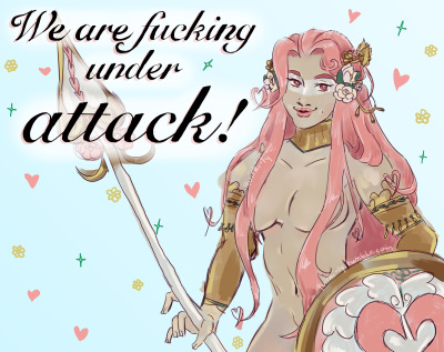 A drawing of Aphrodite, in her new design from the Hades 2 game. She is standing nude, holding her shield and spear, wearing her jewelry and warpaint. Her long pink hair is partly covering her chest and nipples, the shield is angled in a way that covers her groin. She is facing the viewer, smiling. The large text next to her reads: "We are fucking under attack." There are doodles of hearts and flowers and stars in the background.