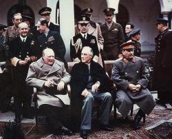 sovietpartisans:  Winston Churchill, Franklin D. Roosevelt and Joseph Stalin on a press photo at the Yalta Conference, 4 February 1945 to 11 February 1945. 