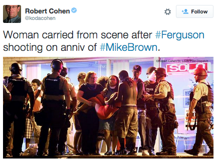 revolutionarykoolaid:  Last Night in Ferguson (8/10/15): In a word, chaos. Shots rang out sometime after 11. Police claim that they were gang-related. A plainclothes officer shot and critically injured 18-year old Tyrone Harris, a friend of Mike Brown’s.