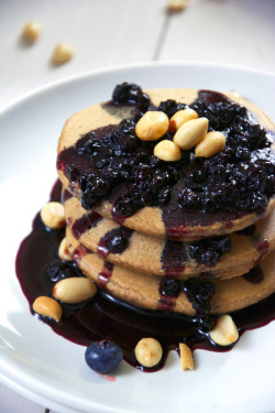 fullcravings:  Oatmeal Peanut Butter Pancakes with Blueberry Glaze  Hello :)