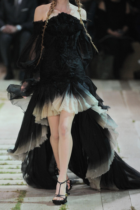  Alexander McQueen SS 2011 Off-the-shoulder gown: black silk-organza, peaked at front