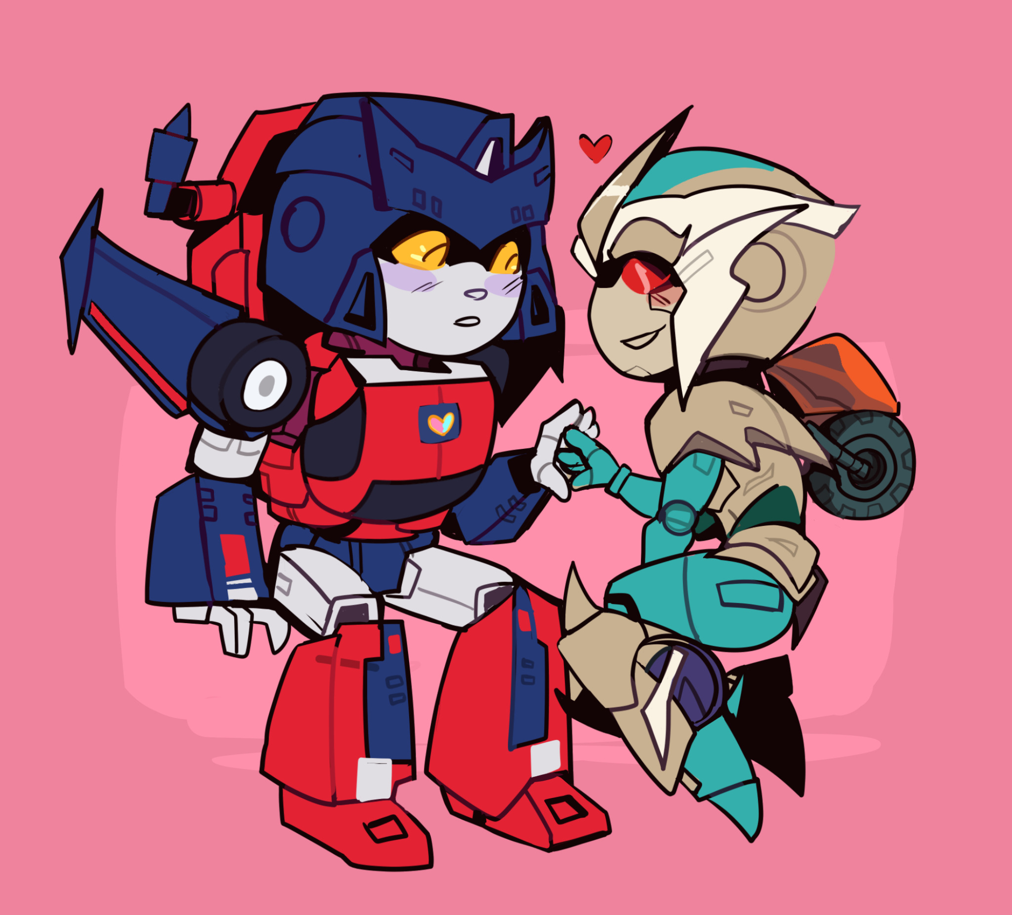 Chibi Road Rage and Trans-Mutate sitting together lovingly clasping hands