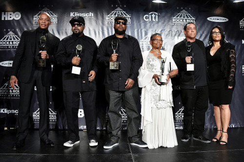 Dr. Dre, Ice Cube, MC Ren, Kathie Wright (Mother of Eazy-E), DJ Yella, and Tomica Wright (Widow of E