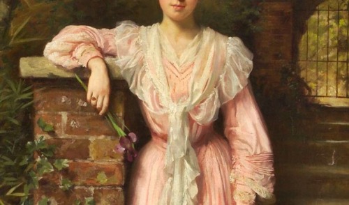 detail of A portrait of a lady in a garden wearing a pink dress holding an iris by Thomas Kennington