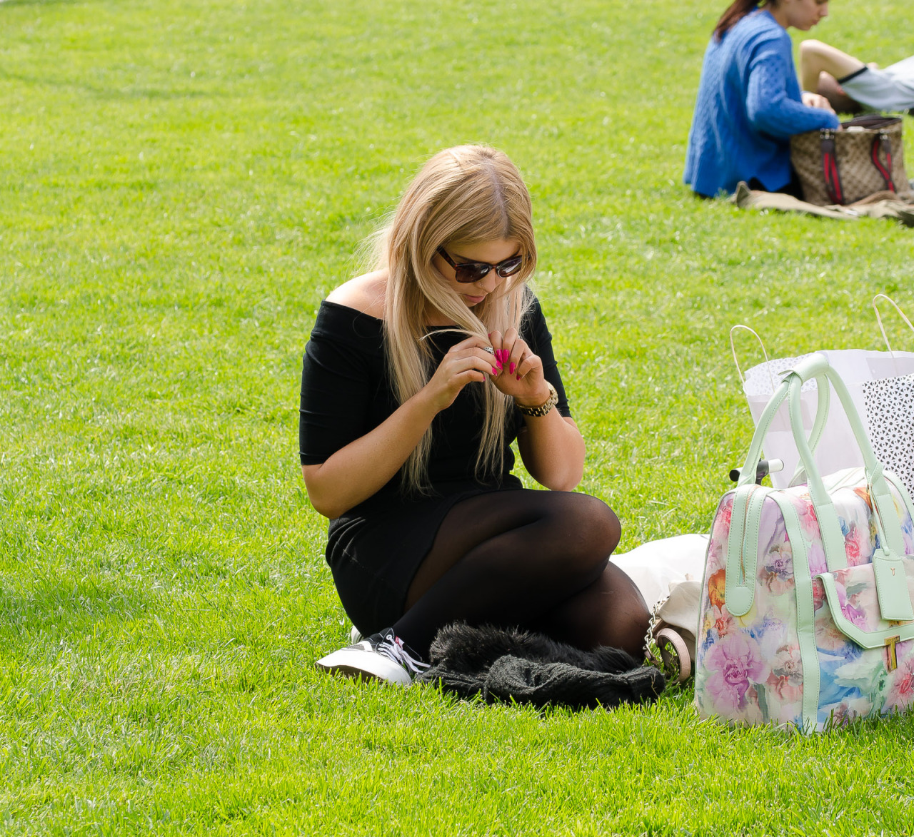 Hot Blonde In Short Dress And Black Semi Opaque Pantyhose Caught In A Park Woman In Pantyhose