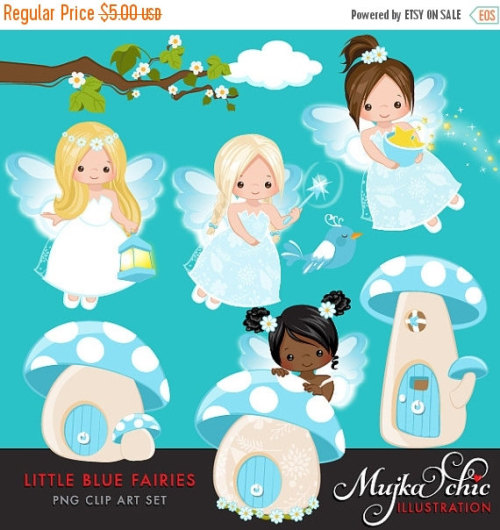 60% off SALE Little Blue Fairy Clipart. Cute Fairies Dressed up in Fairyland, Mushroom homes and mag