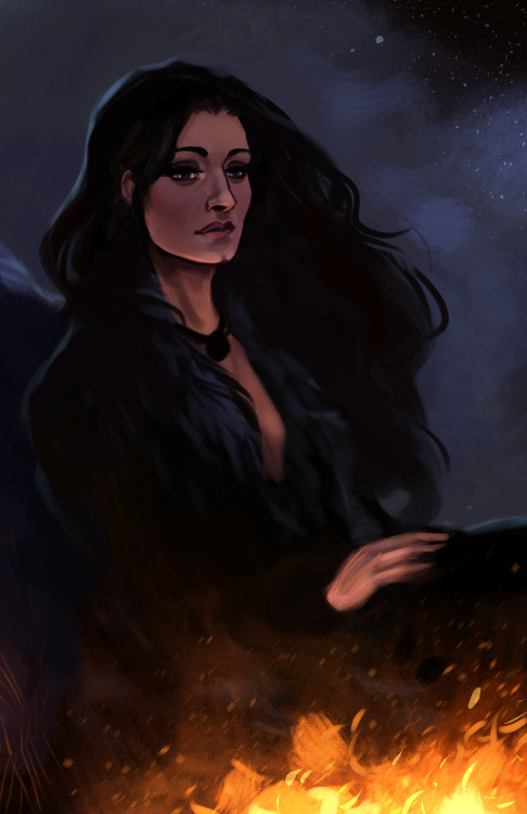 Yennefer by the fire in chapter 5 of Clydethistles’ The Sea That Calls All Things Unto Her Calls Me.