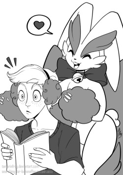 searching-for-bananaflies: Interestingly, I got two similar commissions this month, both involving my trainer character Elisa, interacting with her pokemon. First one was tier 4 commission for Jonathan, who wanted Cotton giving Elisa an earmuff gift,