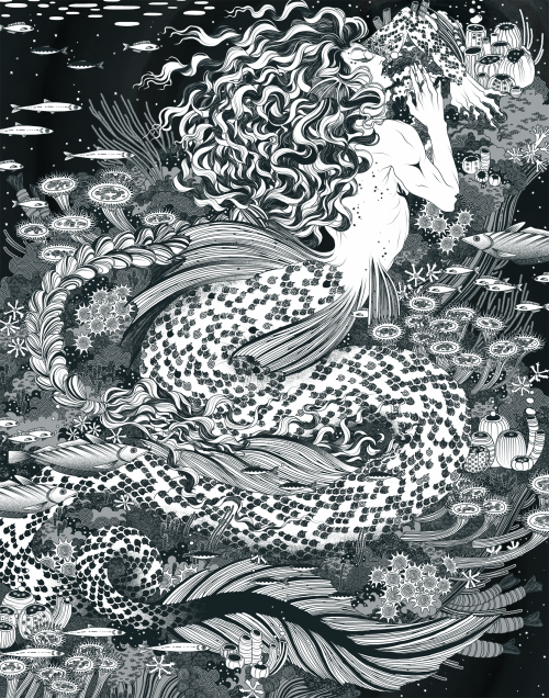 [ID : A black and white image of a trans merman sleeping peacefully on coral-covered rocks. A variet