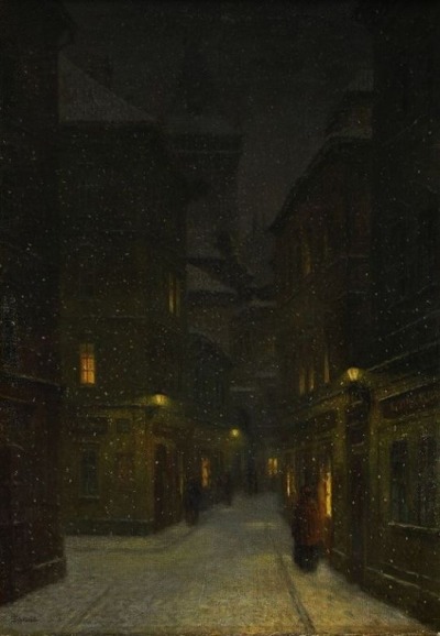depressed-linguist:jakub schikaneder // street in the evening, prague 1855-1924
