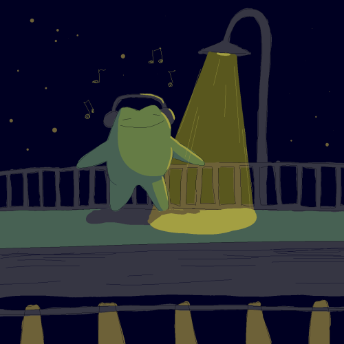 A drawing of a frog with headphones standing on a train station at night. Its eyes are closed and it is litening to music