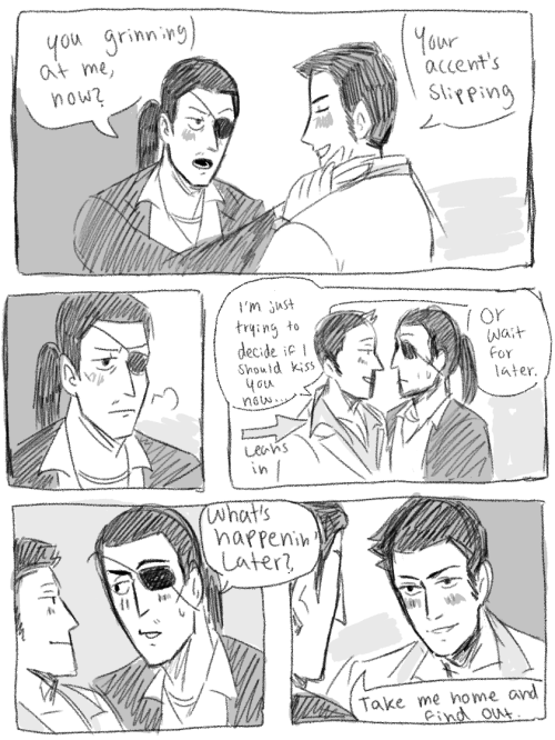 a lil kazumaji comic based off a scene from a sweet fic by judgmentkiino on twitter heehee