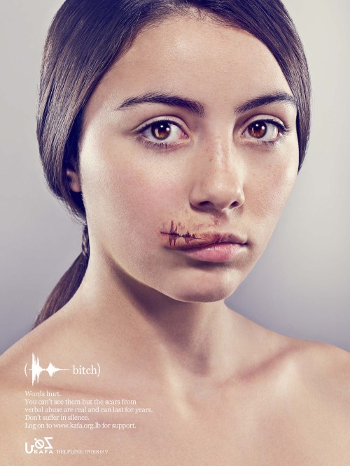 carmenog:  This ad campaign for a Lebanese organization called KAFA, which promotes gender equality and works to end violence against women, turns the sound wave patterns of derogatory words into physical wounds. The result is a sad but powerful reminder