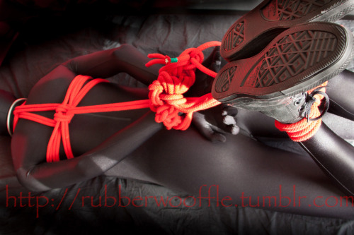 Porn photo rubberwooffle:  Hogtie bondage in lycra with