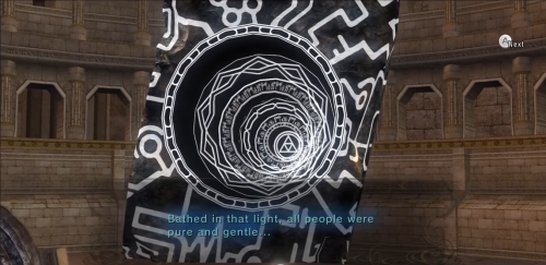 Screenshot from "Legend of Zelda: Twilight Princess" of a black and white portal leading to the Twilight Realm in the middle of the desert.
There is text that reads "Bathed in that light, all people were pure and gentle."