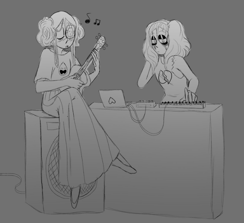 spinearl:  feeling uninspired lately so have a sketch of Phoebe and Nelle making music together in their free time