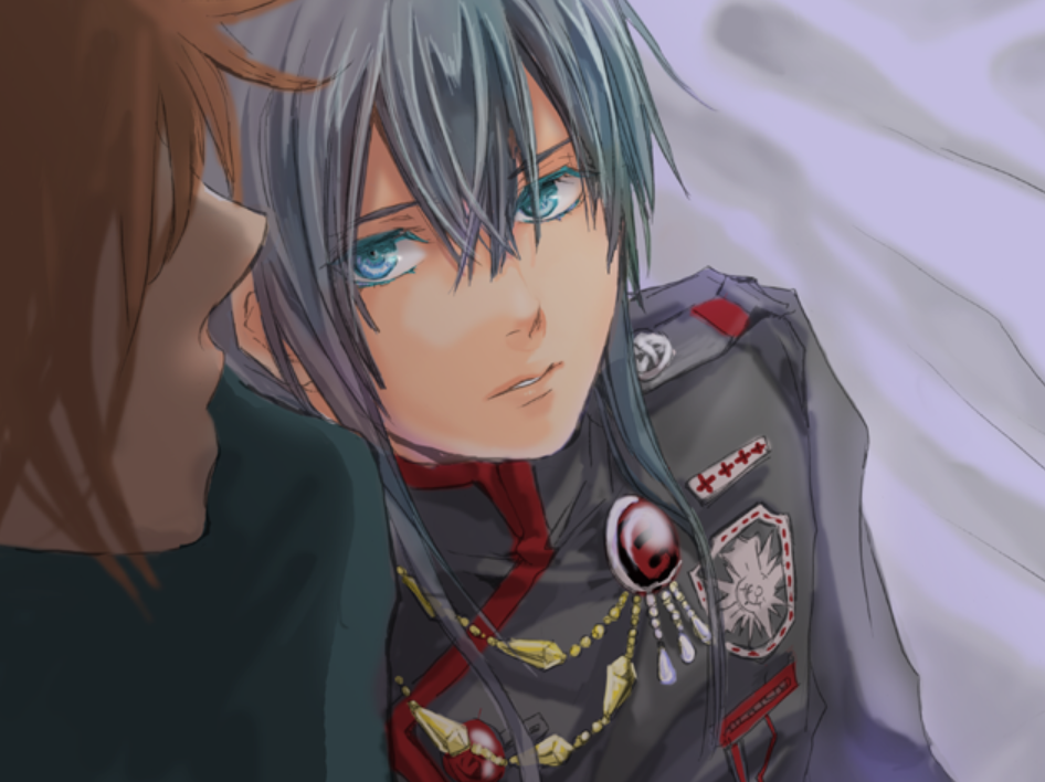 screenshot of Kanda leaning against Lavi on a bed