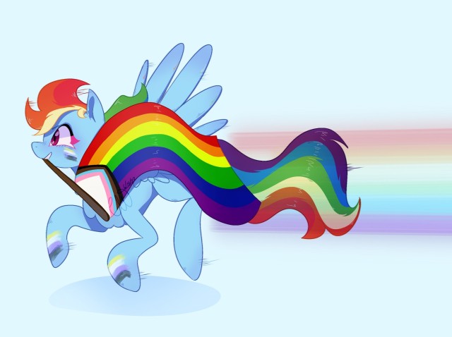 chrysaliswife:♡♡♡♡♡ ♡♡♡Here’s the next addition to the mlp pride parade! Carrying the inclusive lgbt flag flying ahead is nonbinary rainbow dash and on the ground is fluttershy with the bigender flag!We’ve only got 2 of the