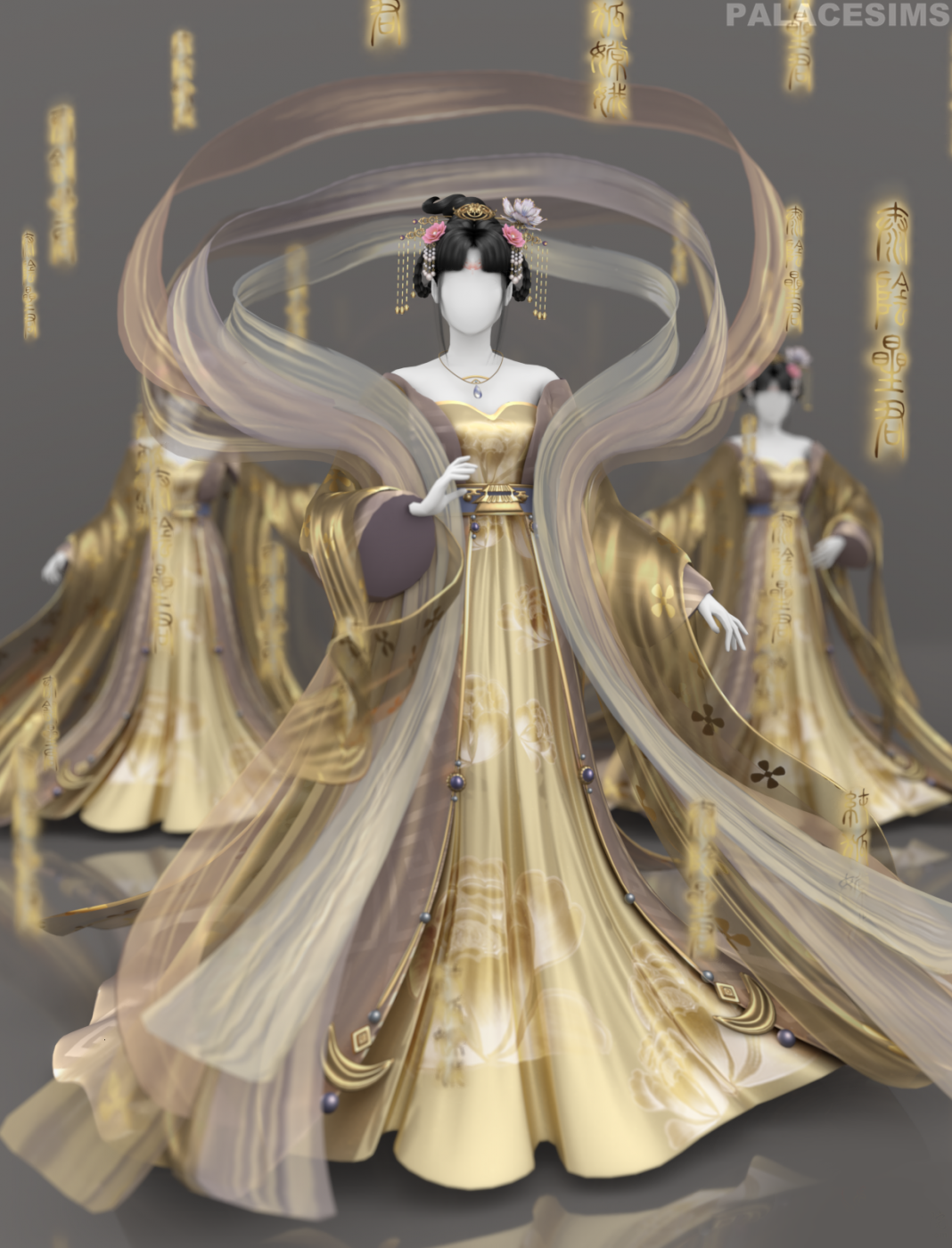 A faceless mannequin version with the elongated veil, dressed in a long gold gown. 