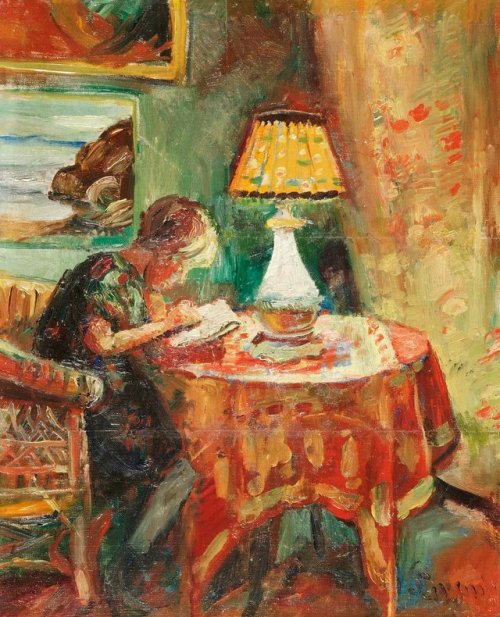 Interior with reading girl at lamp   -    Severin GrandeNorwegian 1869-1934Oil on canvas, glued on p