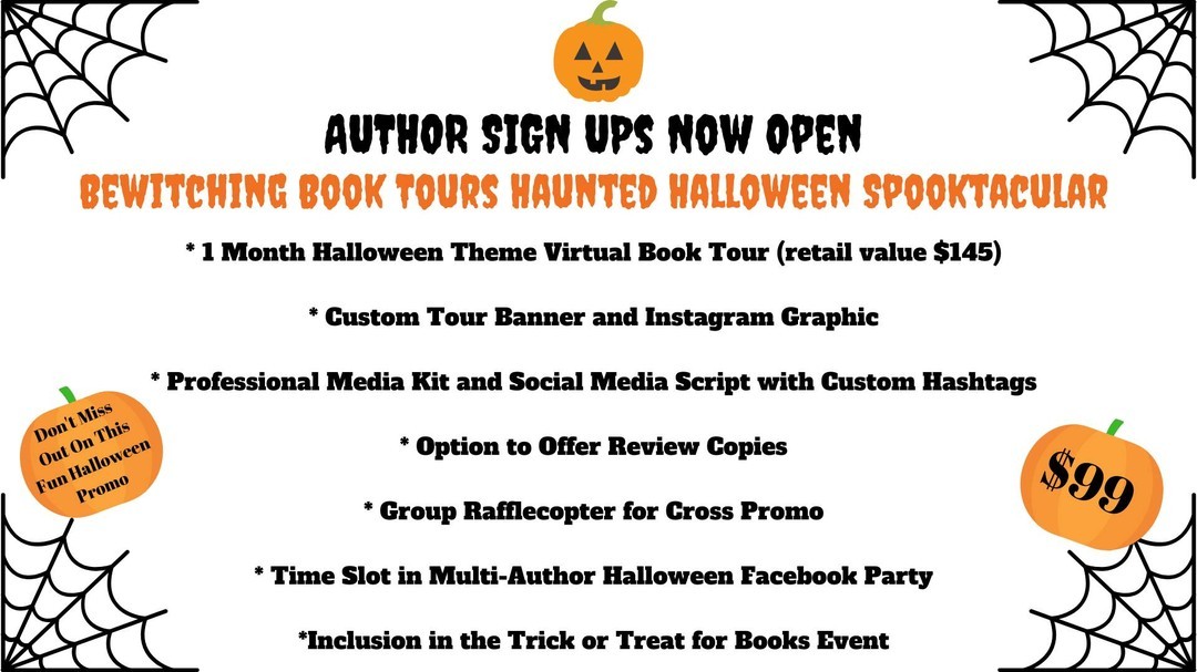 Author Sign-Ups Now Open for the 2022 Haunted Halloween Spooktacular
Each participating author will receive:
* 1 Month Halloween Theme Virtual Book Tour (retail value $145)
* Custom Tour Banner and Instagram Graphic
* Professional Media Kit and...