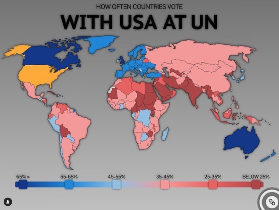 Map Showing How Often Countries Vote With Usa At Maps On The Web