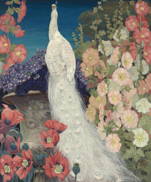 laclefdescoeurs:Peacock and Hollyhocks, 1926, Jessie Arms Botke