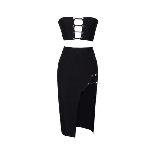 Feel fiery hot in our Zina Black Bandage two-piece! #Stud Detail + High #Slit = our favorite trends 
