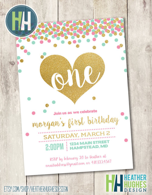 girl first birthday invite, 1st birthday printable invitation, mint pink and gold glitter confetti h