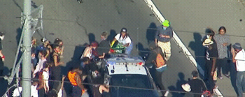 kropotkindersurprise:  May 28 2020 - Protesters in LA demanding justice for George Floyd burned a flag, and smashed the windows of a police car when it drove into the crowd. One protester was injured when he fell of the hood of the escaping police car,