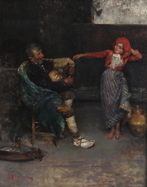 A peasant playing a bagpipe and a child dancing. Arturo Stagliano (Italian, 1870-1936). Oil on 