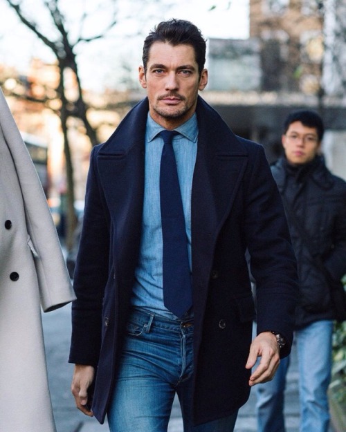 officialdavidgandy:  Day One - LCM AW16 - For his Day One daytime outfit, David Gandy chose a more casual, yet sophisticated look wearing perfectly fitting faded blue jeans by Lucky Brand, navy pea coat from Private White VC and shoes from David Preston