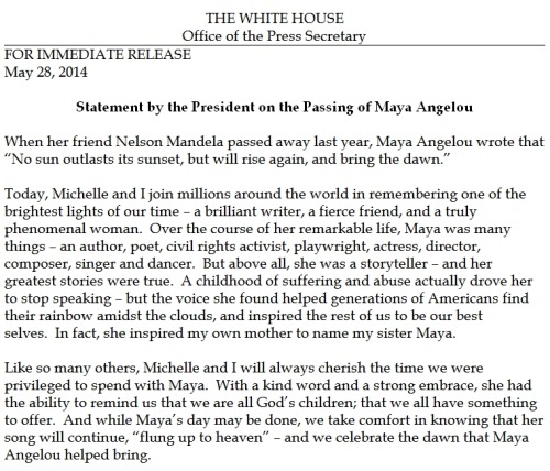 President Obama statement on the passing of Maya Angelou, “one of the brightest lights of our time”