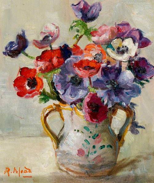 Anemones in a Flowered Vase -  Rose Mead  c.1930British 1867-1946