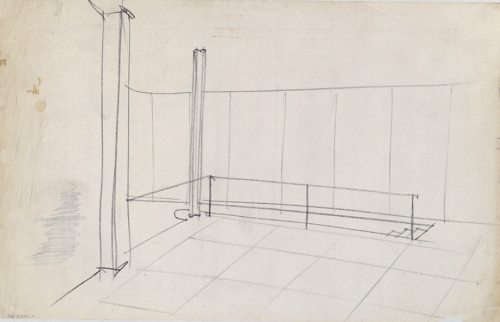 Ludwig Mies van der Rohe, Sketch & reality. Entrance hall, staircase with milk glass wall at Vil