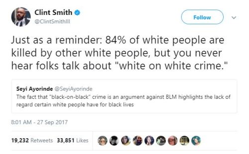 the-real-eye-to-see:   “Black on black crime” is an effort to change the subject from the criminality of white supremacy itself.   Black crime is sensationalized to create fear. This perpetuates the view that we are more dangerous than white people.