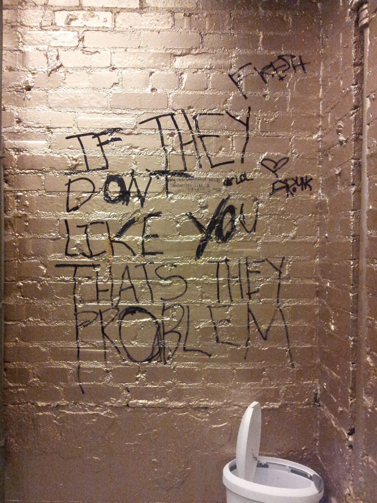 Damn right. Not grammatically, but you know what I mean.
ashli-likes-your-veggies:
“ FYI, this is the bathroom at Young Ave Deli. The women’s bathroom.
Those walls are gold.
”