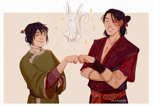 toph and zuko are smiling confidently and fistbumping, above them floats a finished glass statue of momo, surrounded by sparkles