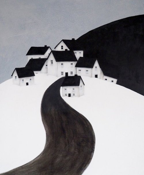Huisjes in de sneeuw, in de schilderijen van Deborah Garlick. 