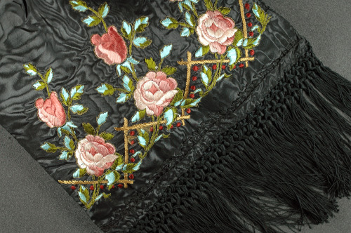 Black Bag Large Floral Embroidery with Fringe, c1917Fringing was originally a decorative way of knot