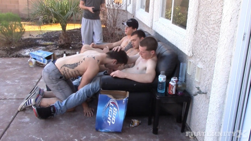 properfaggot:  drunkstraightmen:My bros and I like to kick it outdoors. Love getting fucked up in the yard while listening to music. Makes us so horny. Good thing Frenchy was around. We made him French kiss our dicks and then ride our cocks till we all