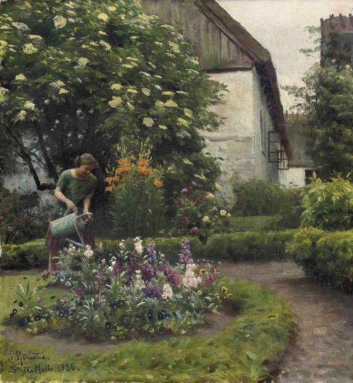 wtxch:Peder Mørk Mønsted (Denmark, 1859–1941) Watering the garden, 1925