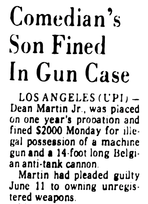 oldshowbiz: 1974 - Dean Martin Jr’s stockpile of illegal weapons