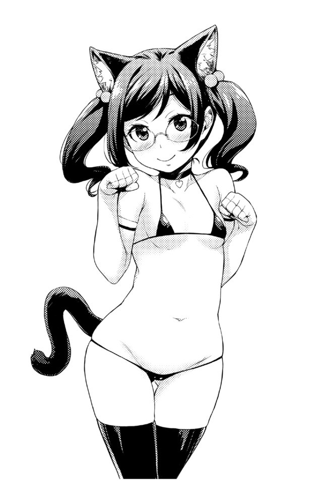 オリジナル、たくろう、高解像度、白黒、❤、おへそ、ビキニ、ヘアゴム、チョーカー、ロングヘア、ツインテール、にゃ～んポーズ、マイクロビキニ、ロンググローブ、サイハイソックス、一人、乳、女一人、尻尾、手袋、指なし手袋、水着、猫の尻尾、猫耳、獣耳、カメラ目線、眼鏡、笑顔、網点、縛られた髪、エキストラ耳、貧乳、鎖骨、髪飾り、鼠蹊部