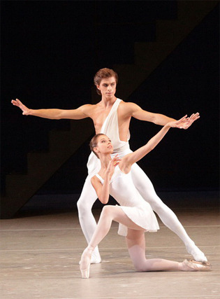 galina-ulanova:Daria Khokhlova as Polyhymnia, and Artem Ovcharenko as Apollo, in Apollo (Bolshoi Bal