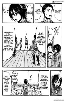 santracity:  This.. THIS is the type of lead female character I like to see!  Mikasa, you’re such a bad ass!  