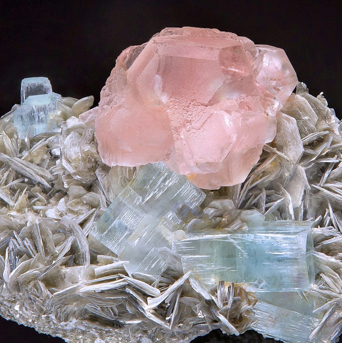 bijoux-et-mineraux:  Morganite and Aquamarine on Muscovite -  Chumar Bakhoor,  Hunza
